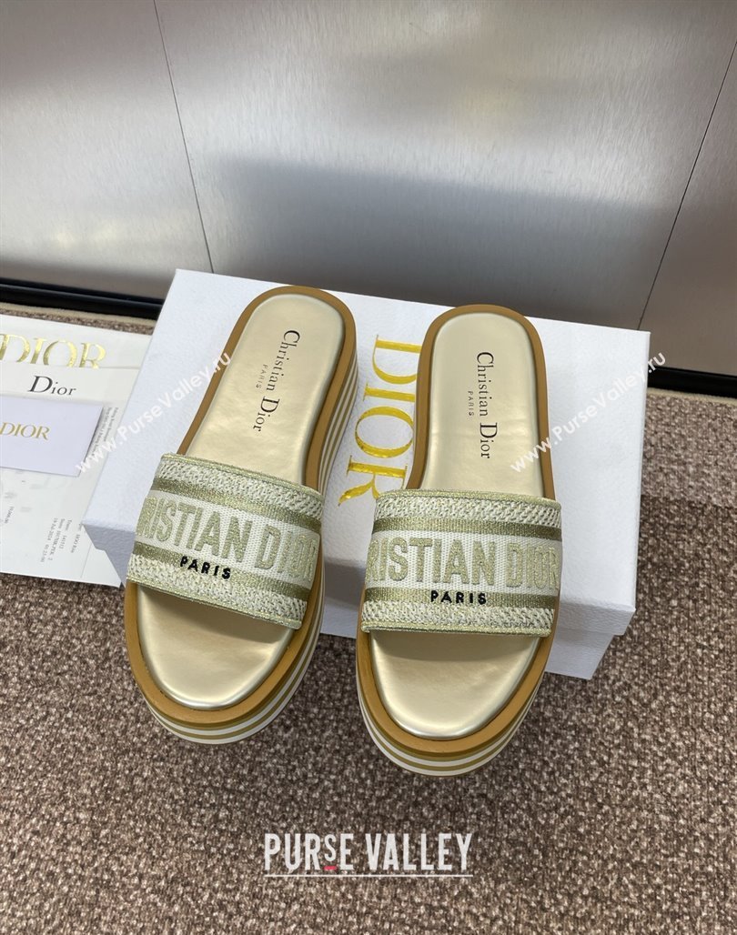 Dior Dway Striped Platform Slides Sandal 4cm in Embroidered Cotton Gold-Tone 2025 (MD-250425070)