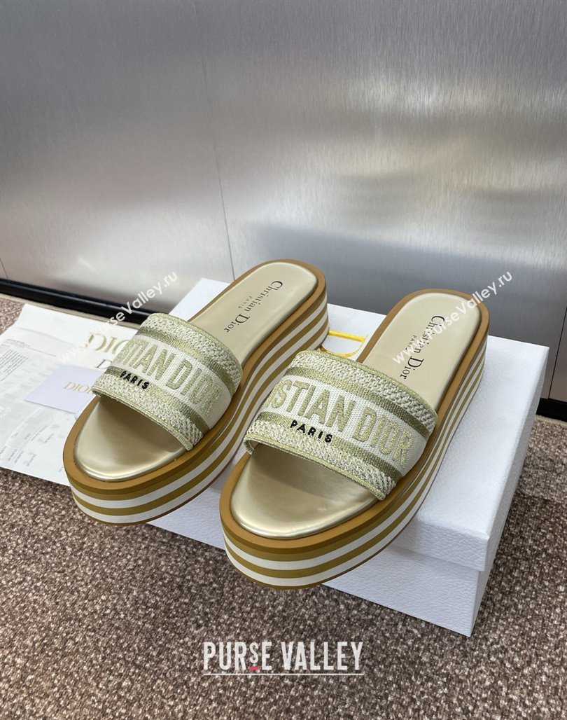 Dior Dway Striped Platform Slides Sandal 4cm in Embroidered Cotton Gold-Tone 2025 (MD-250425070)