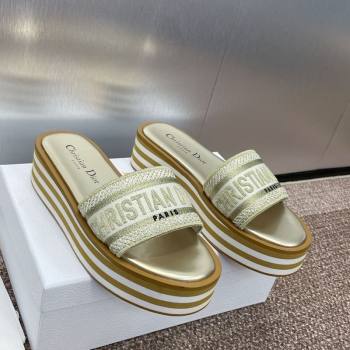 Dior Dway Striped Platform Slides Sandal 4cm in Embroidered Cotton Gold-Tone 2025 (MD-250425070)