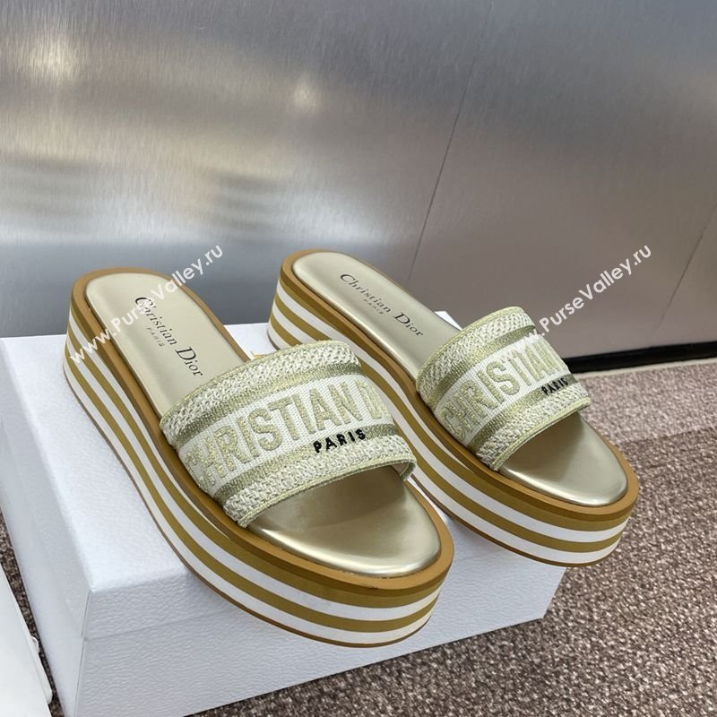 Dior Dway Striped Platform Slides Sandal 4cm in Embroidered Cotton Gold-Tone 2025 (MD-250425070)
