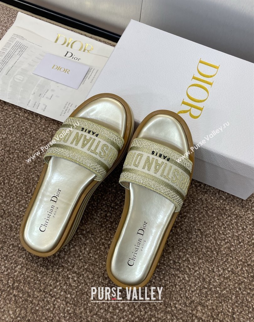 Dior Dway Striped Platform Slides Sandal 4cm in Embroidered Cotton Gold-Tone 2025 (MD-250425070)