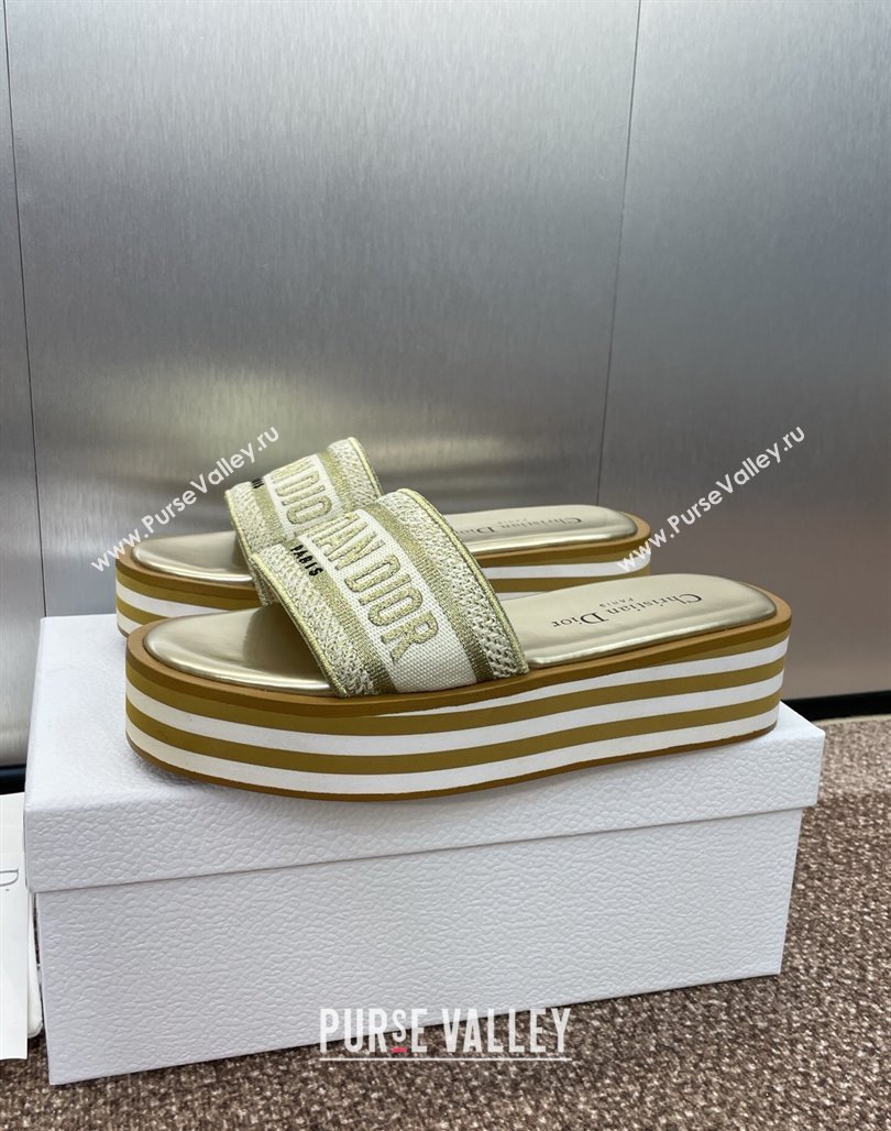 Dior Dway Striped Platform Slides Sandal 4cm in Embroidered Cotton Gold-Tone 2025 (MD-250425070)