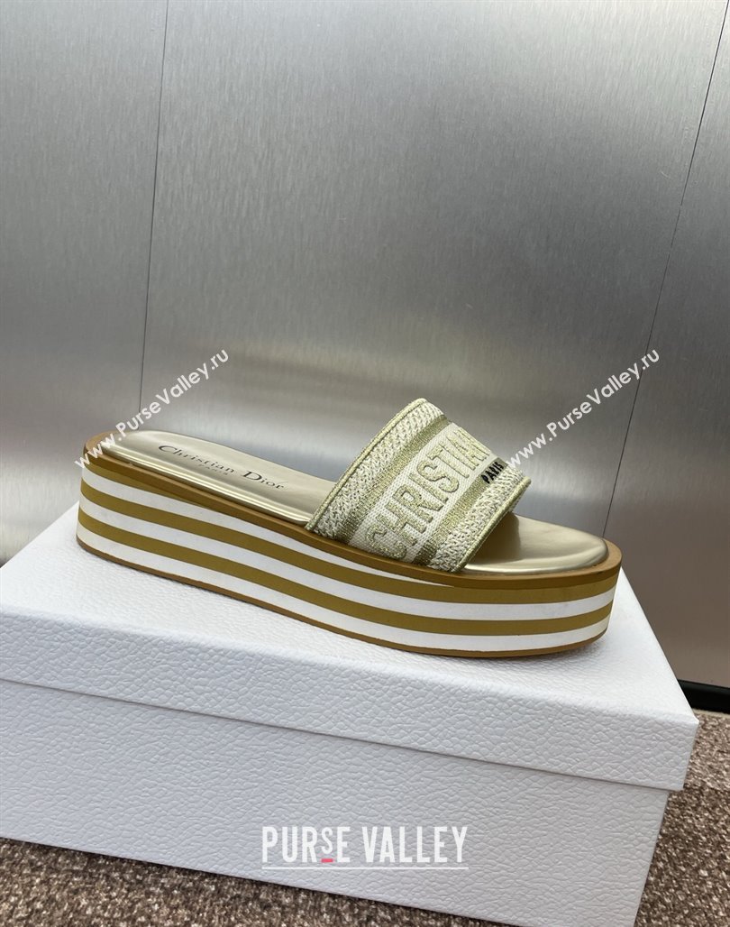 Dior Dway Striped Platform Slides Sandal 4cm in Embroidered Cotton Gold-Tone 2025 (MD-250425070)