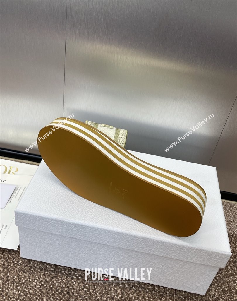 Dior Dway Striped Platform Slides Sandal 4cm in Embroidered Cotton Gold-Tone 2025 (MD-250425070)