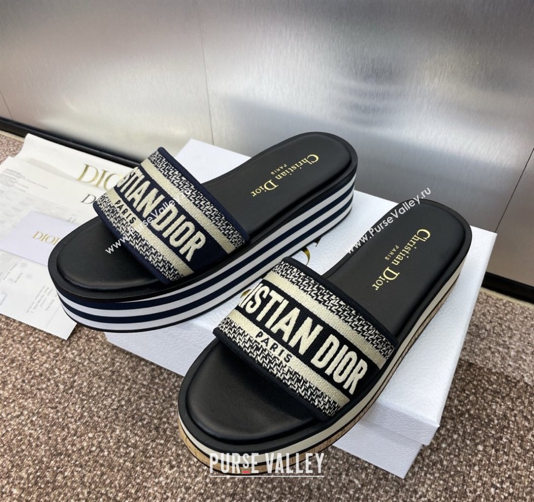 Dior Dway Wool Platform Slides Sandal 4cm in Embroidered Cotton Blue 2025 (MD-250425072)