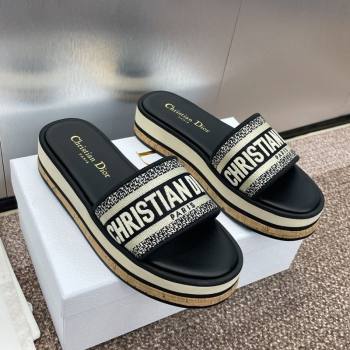 Dior Dway Wool Platform Slides Sandal 4cm in Embroidered Cotton Blue 2025 (MD-250425072)