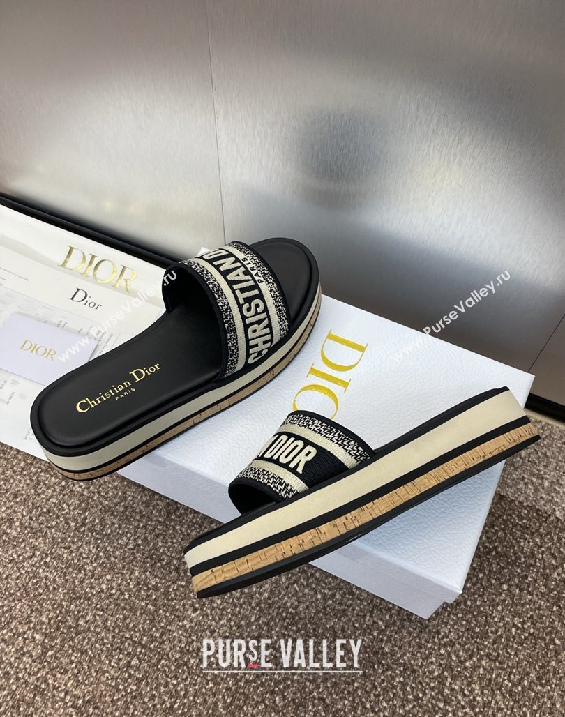 Dior Dway Wool Platform Slides Sandal 4cm in Embroidered Cotton Blue 2025 (MD-250425072)