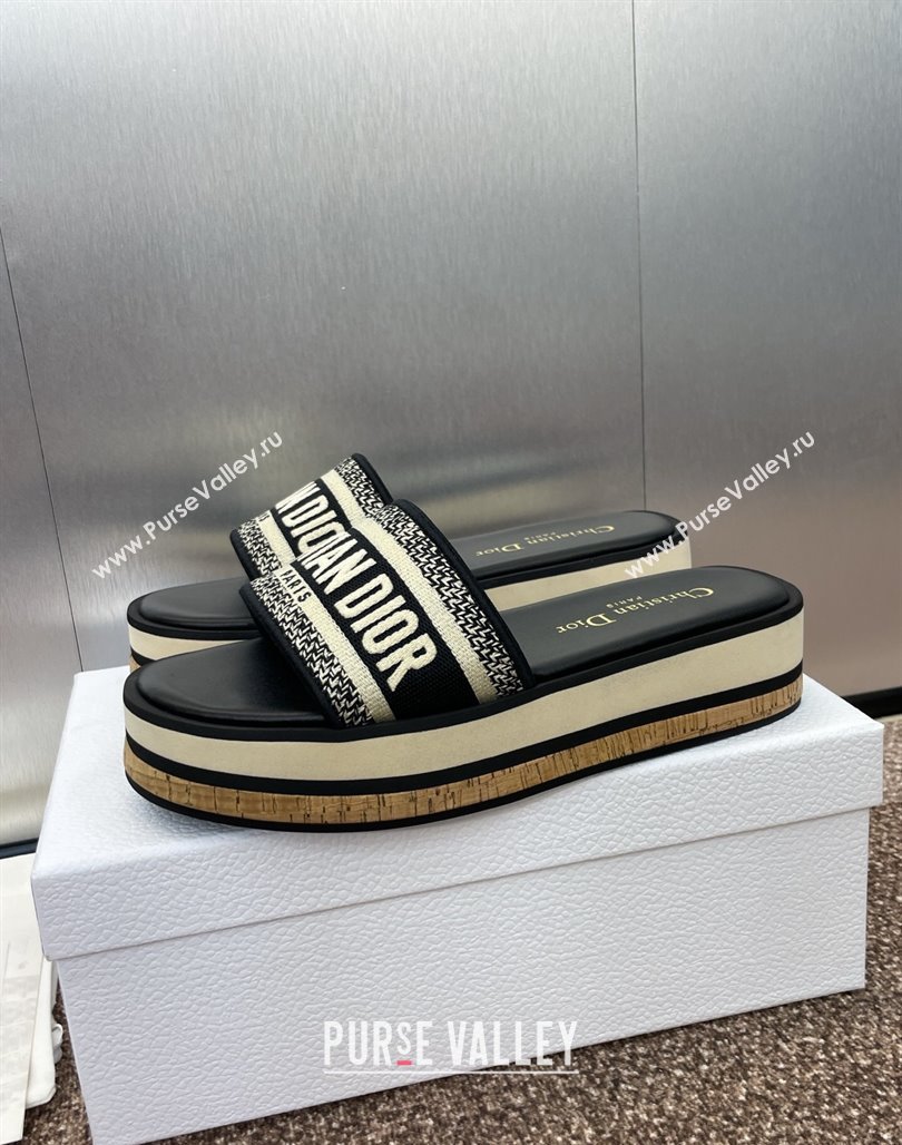 Dior Dway Wool Platform Slides Sandal 4cm in Embroidered Cotton Blue 2025 (MD-250425072)