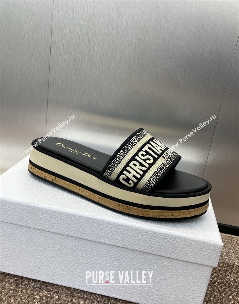 Dior Dway Wool Platform Slides Sandal 4cm in Embroidered Cotton Blue 2025 (MD-250425072)