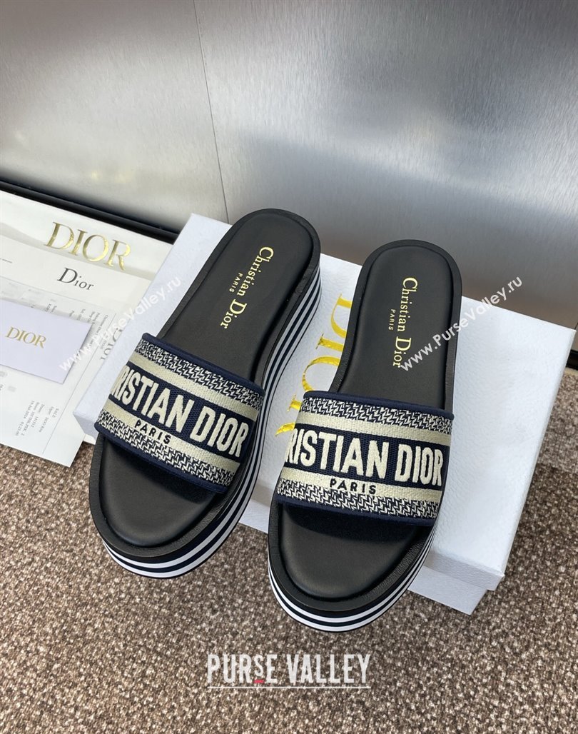 Dior Dway Striped Platform Slides Sandal 4cm in Embroidered Cotton Deep Blue 2025 (MD-250425071)