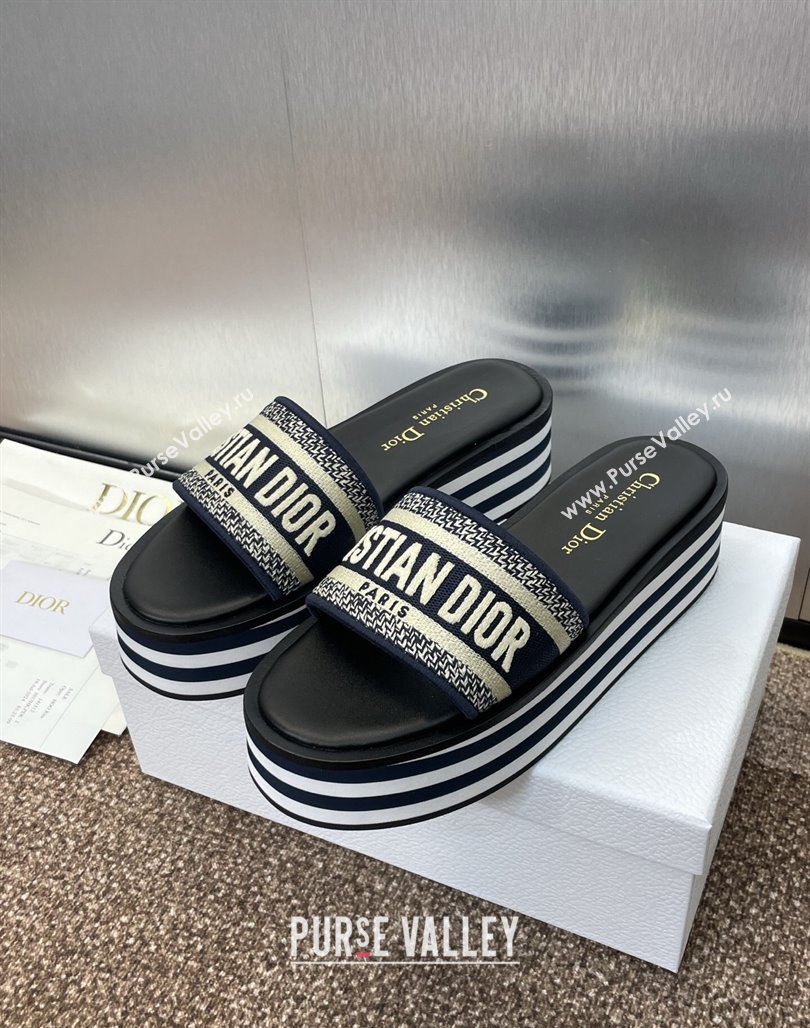 Dior Dway Striped Platform Slides Sandal 4cm in Embroidered Cotton Deep Blue 2025 (MD-250425071)
