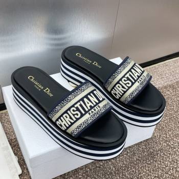 Dior Dway Striped Platform Slides Sandal 4cm in Embroidered Cotton Deep Blue 2025 (MD-250425071)