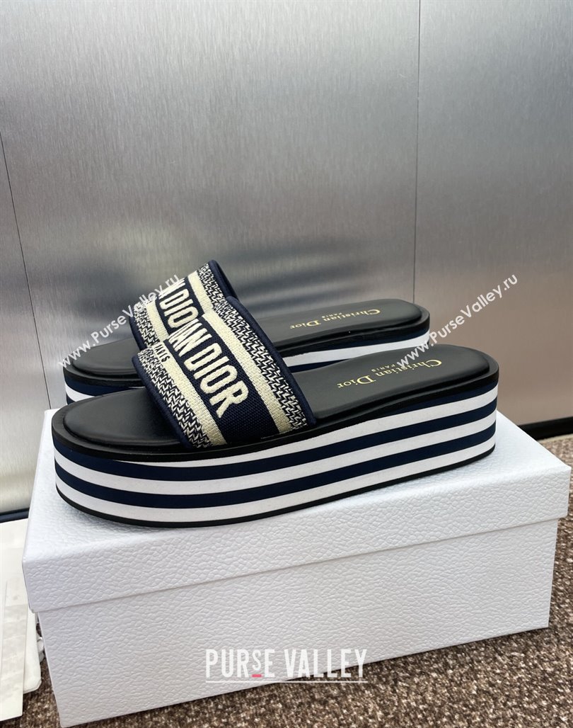 Dior Dway Striped Platform Slides Sandal 4cm in Embroidered Cotton Deep Blue 2025 (MD-250425071)