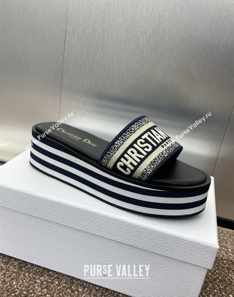Dior Dway Striped Platform Slides Sandal 4cm in Embroidered Cotton Deep Blue 2025 (MD-250425071)