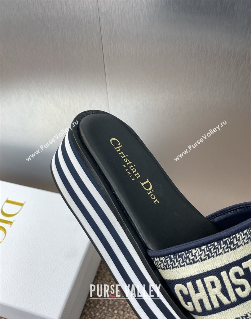 Dior Dway Striped Platform Slides Sandal 4cm in Embroidered Cotton Deep Blue 2025 (MD-250425071)