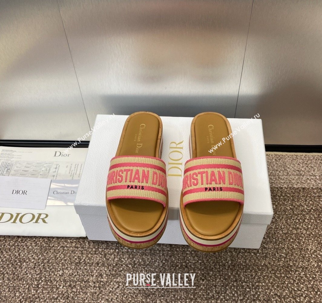 Dior Dway Wood Platform Slides Sandal 4cm in Raffia and Embroidered Cotton Beige/Pink 2025 (MD-250425073)