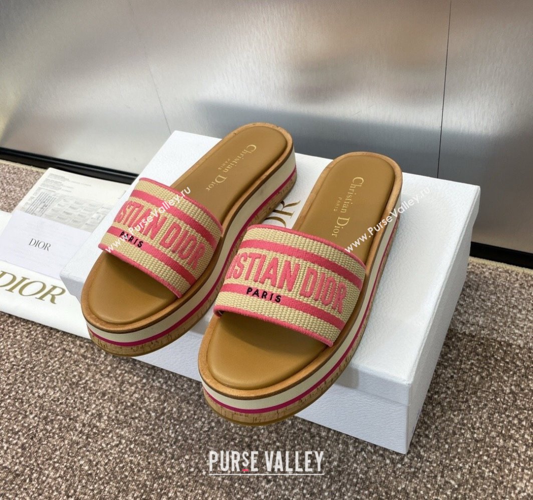 Dior Dway Wood Platform Slides Sandal 4cm in Raffia and Embroidered Cotton Beige/Pink 2025 (MD-250425073)