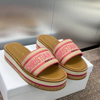 Dior Dway Wood Platform Slides Sandal 4cm in Raffia and Embroidered Cotton Beige/Pink 2025 (MD-250425073)