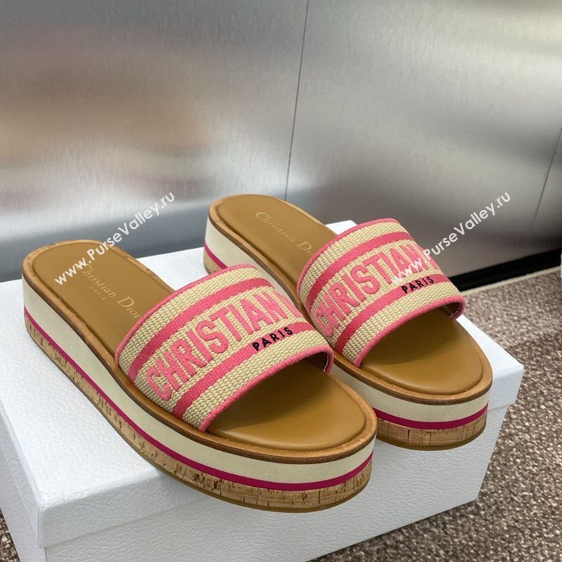 Dior Dway Wood Platform Slides Sandal 4cm in Raffia and Embroidered Cotton Beige/Pink 2025 (MD-250425073)