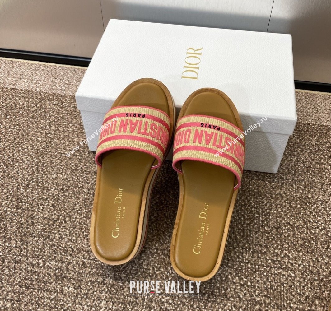 Dior Dway Wood Platform Slides Sandal 4cm in Raffia and Embroidered Cotton Beige/Pink 2025 (MD-250425073)