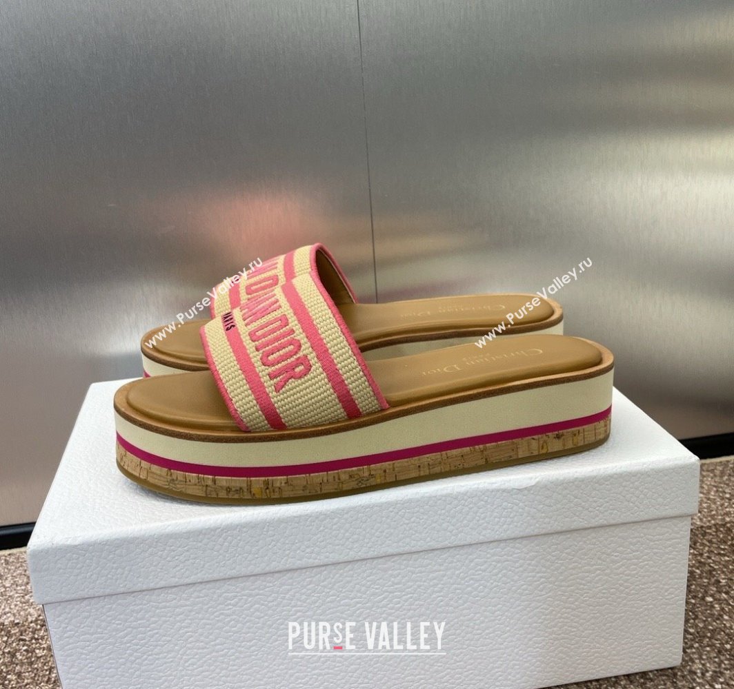 Dior Dway Wood Platform Slides Sandal 4cm in Raffia and Embroidered Cotton Beige/Pink 2025 (MD-250425073)