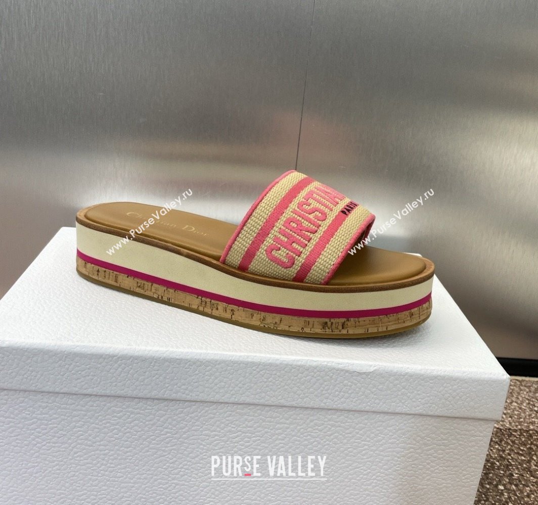 Dior Dway Wood Platform Slides Sandal 4cm in Raffia and Embroidered Cotton Beige/Pink 2025 (MD-250425073)