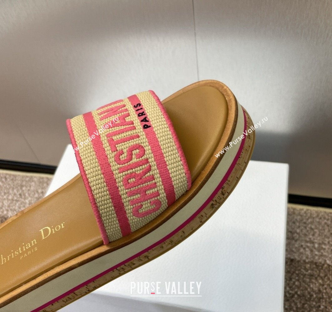 Dior Dway Wood Platform Slides Sandal 4cm in Raffia and Embroidered Cotton Beige/Pink 2025 (MD-250425073)