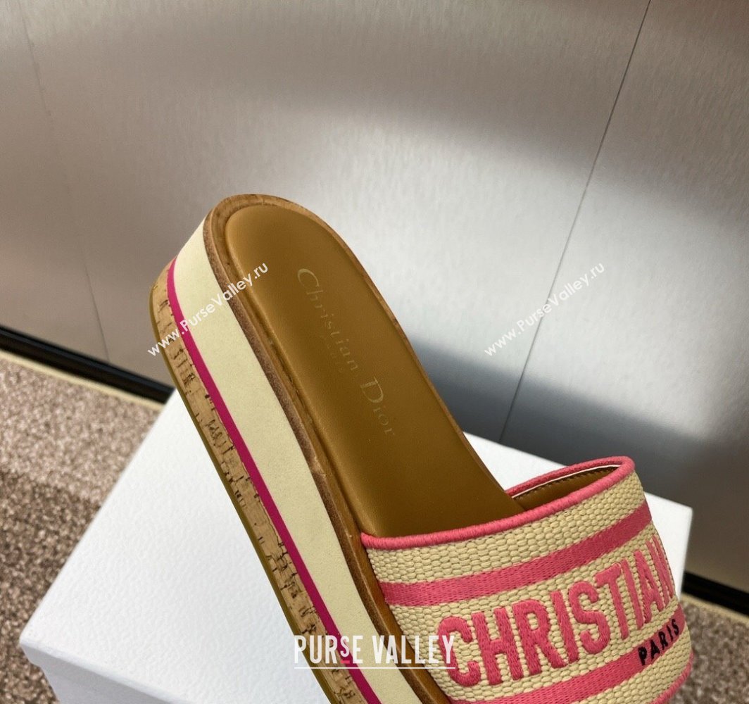 Dior Dway Wood Platform Slides Sandal 4cm in Raffia and Embroidered Cotton Beige/Pink 2025 (MD-250425073)