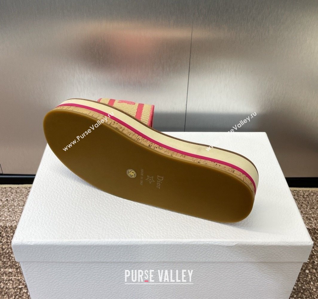 Dior Dway Wood Platform Slides Sandal 4cm in Raffia and Embroidered Cotton Beige/Pink 2025 (MD-250425073)