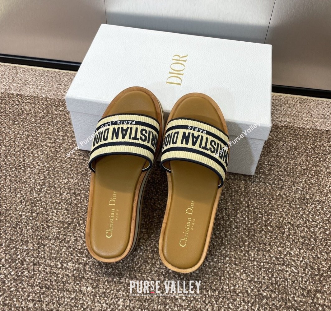 Dior Dway Wood Platform Slides Sandal 4cm in Raffia and Embroidered Cotton Beige/Blue 2025 (MD-250425074)