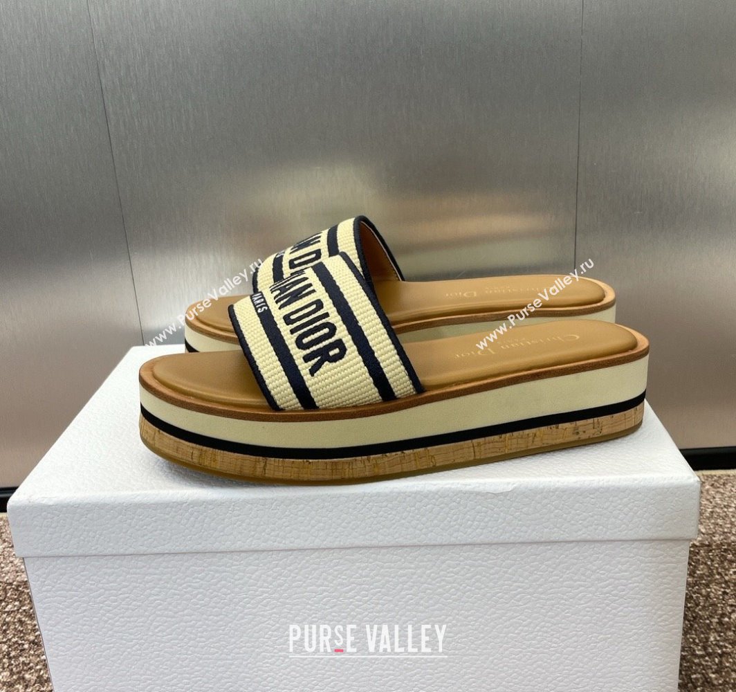 Dior Dway Wood Platform Slides Sandal 4cm in Raffia and Embroidered Cotton Beige/Blue 2025 (MD-250425074)