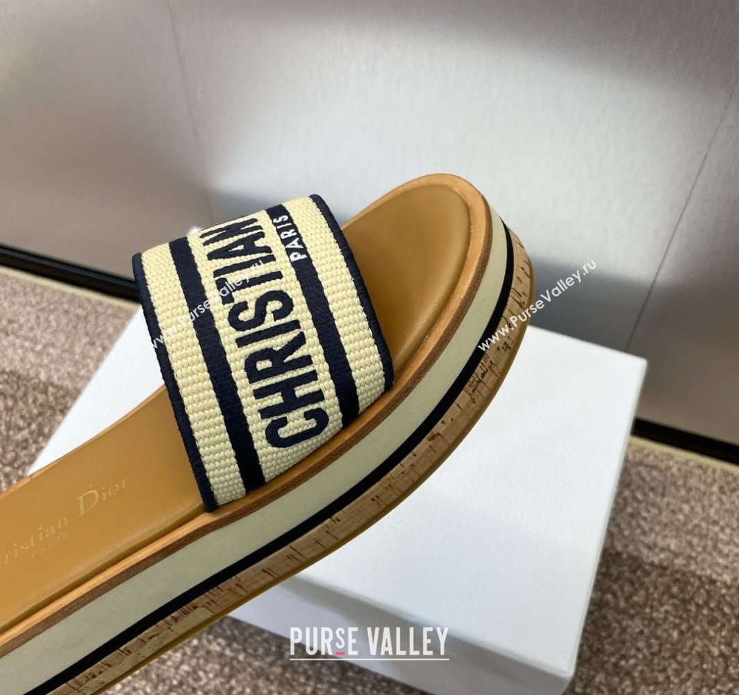 Dior Dway Wood Platform Slides Sandal 4cm in Raffia and Embroidered Cotton Beige/Blue 2025 (MD-250425074)