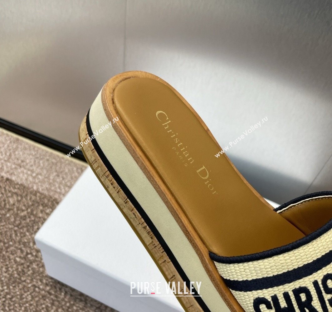 Dior Dway Wood Platform Slides Sandal 4cm in Raffia and Embroidered Cotton Beige/Blue 2025 (MD-250425074)