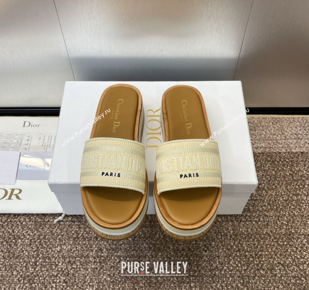 Dior Dway Wood Platform Slides Sandal 4cm in Raffia and Embroidered Cotton Beige/Grey 2025 (MD-250425075)