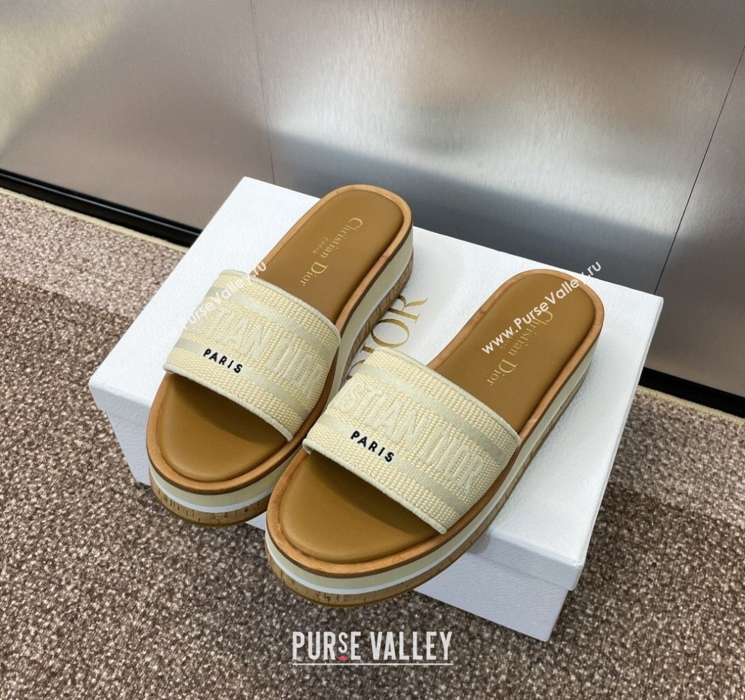 Dior Dway Wood Platform Slides Sandal 4cm in Raffia and Embroidered Cotton Beige/Grey 2025 (MD-250425075)