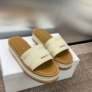 Dior Dway Wood Platform Slides Sandal 4cm in Raffia and Embroidered Cotton Beige/Grey 2025 (MD-250425075)