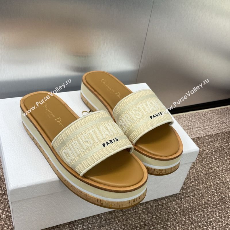 Dior Dway Wood Platform Slides Sandal 4cm in Raffia and Embroidered Cotton Beige/Grey 2025 (MD-250425075)