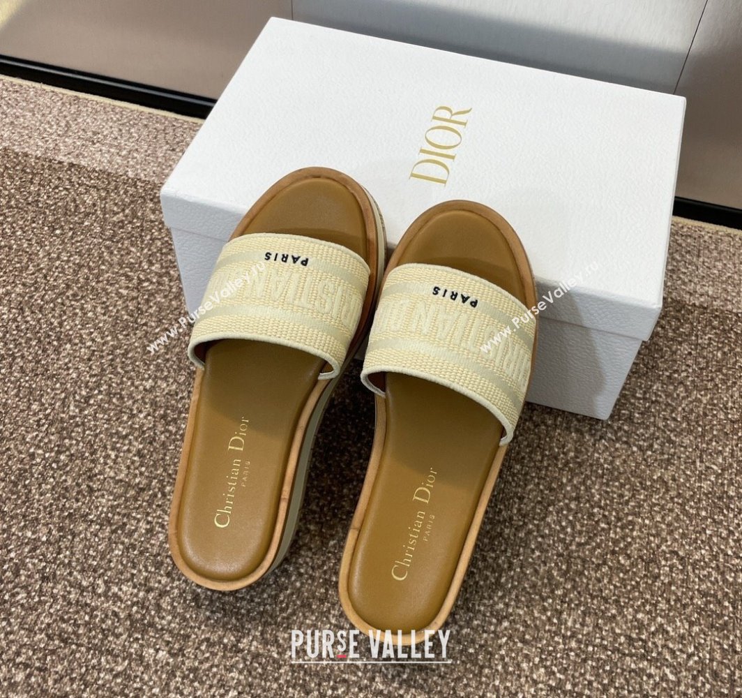 Dior Dway Wood Platform Slides Sandal 4cm in Raffia and Embroidered Cotton Beige/Grey 2025 (MD-250425075)