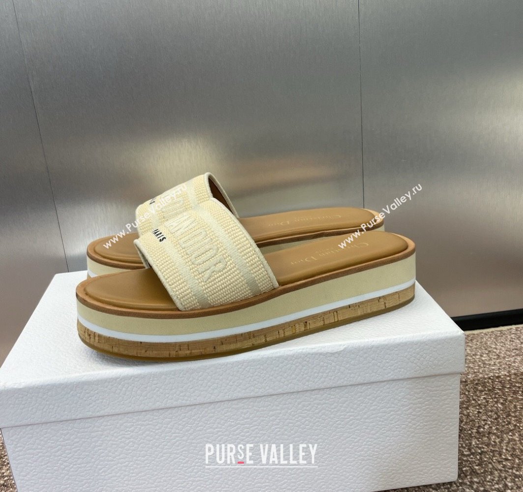 Dior Dway Wood Platform Slides Sandal 4cm in Raffia and Embroidered Cotton Beige/Grey 2025 (MD-250425075)