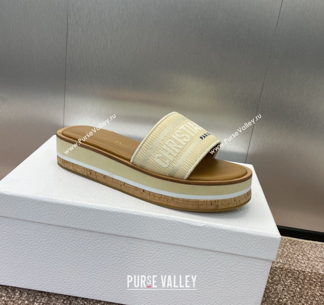 Dior Dway Wood Platform Slides Sandal 4cm in Raffia and Embroidered Cotton Beige/Grey 2025 (MD-250425075)