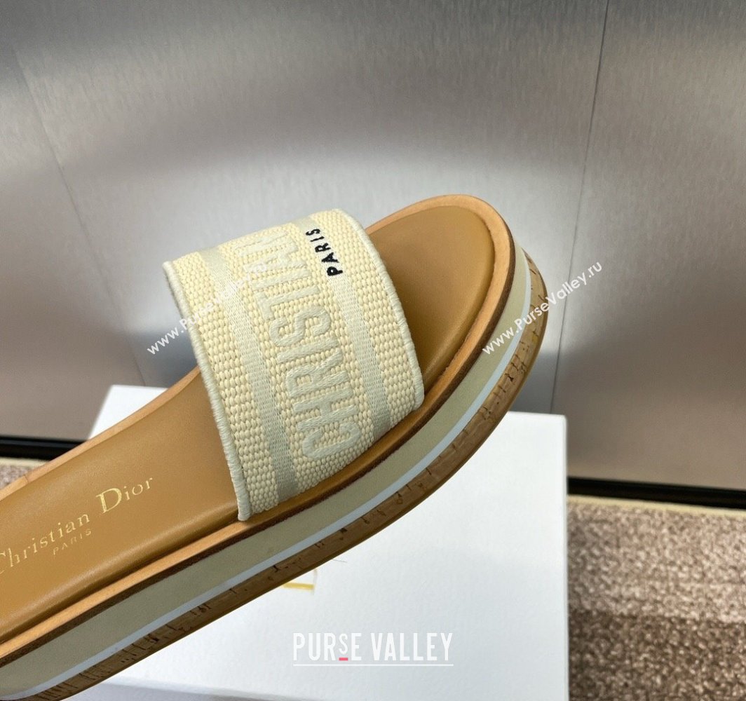 Dior Dway Wood Platform Slides Sandal 4cm in Raffia and Embroidered Cotton Beige/Grey 2025 (MD-250425075)