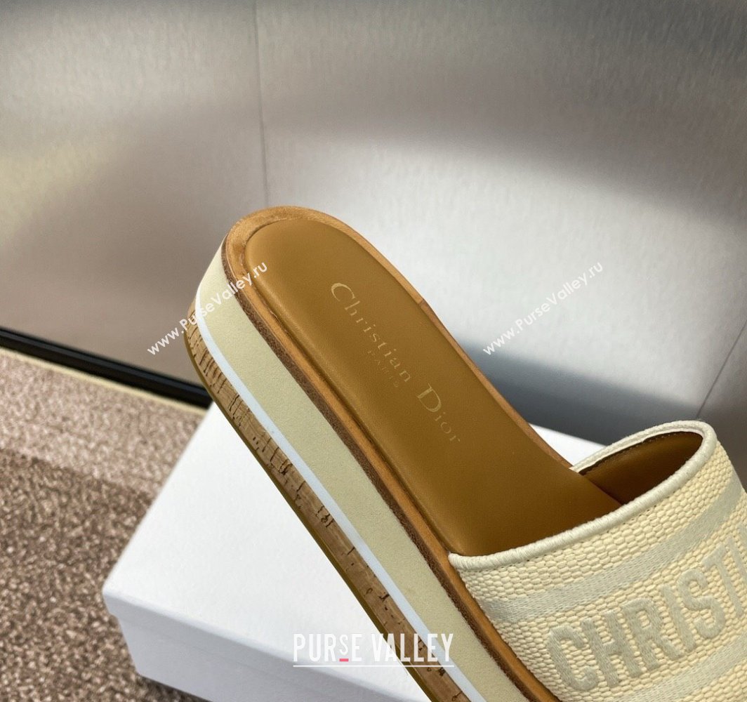 Dior Dway Wood Platform Slides Sandal 4cm in Raffia and Embroidered Cotton Beige/Grey 2025 (MD-250425075)
