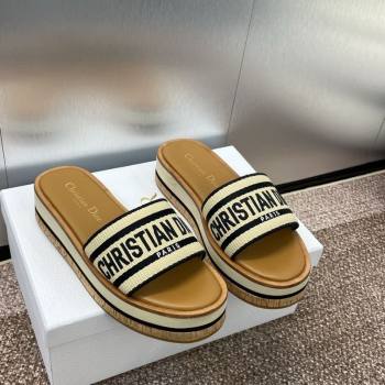 Dior Dway Wood Platform Slides Sandal 4cm in Raffia and Embroidered Cotton Black/Black 2025 (MD-250425076)