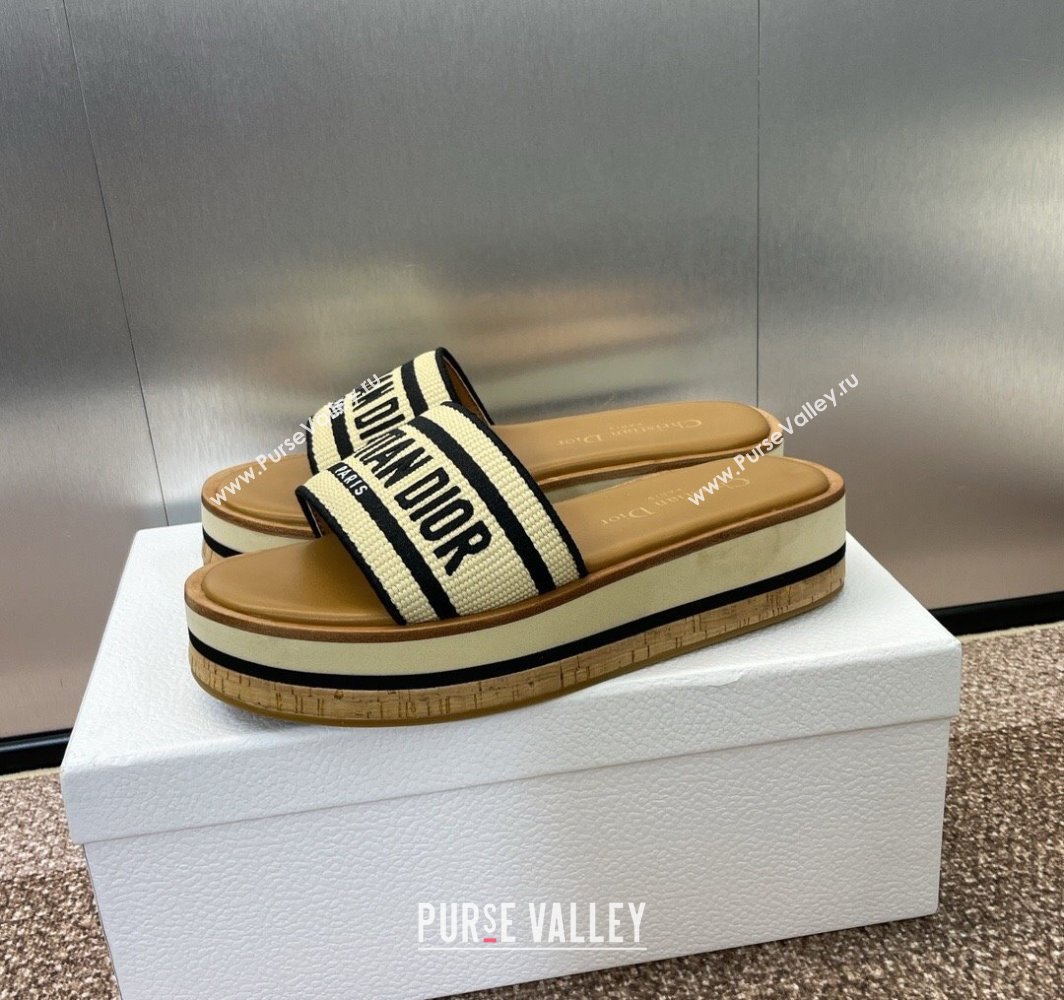 Dior Dway Wood Platform Slides Sandal 4cm in Raffia and Embroidered Cotton Black/Black 2025 (MD-250425076)