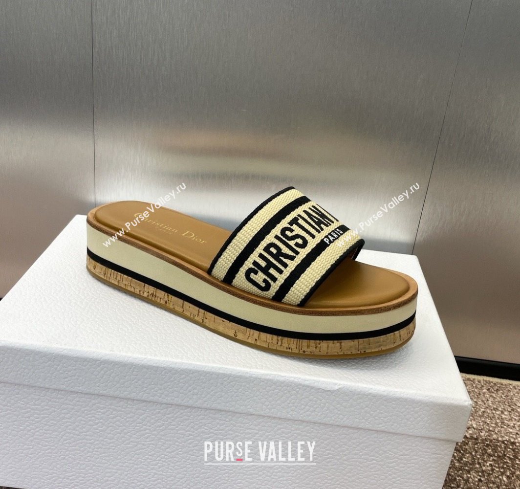 Dior Dway Wood Platform Slides Sandal 4cm in Raffia and Embroidered Cotton Black/Black 2025 (MD-250425076)