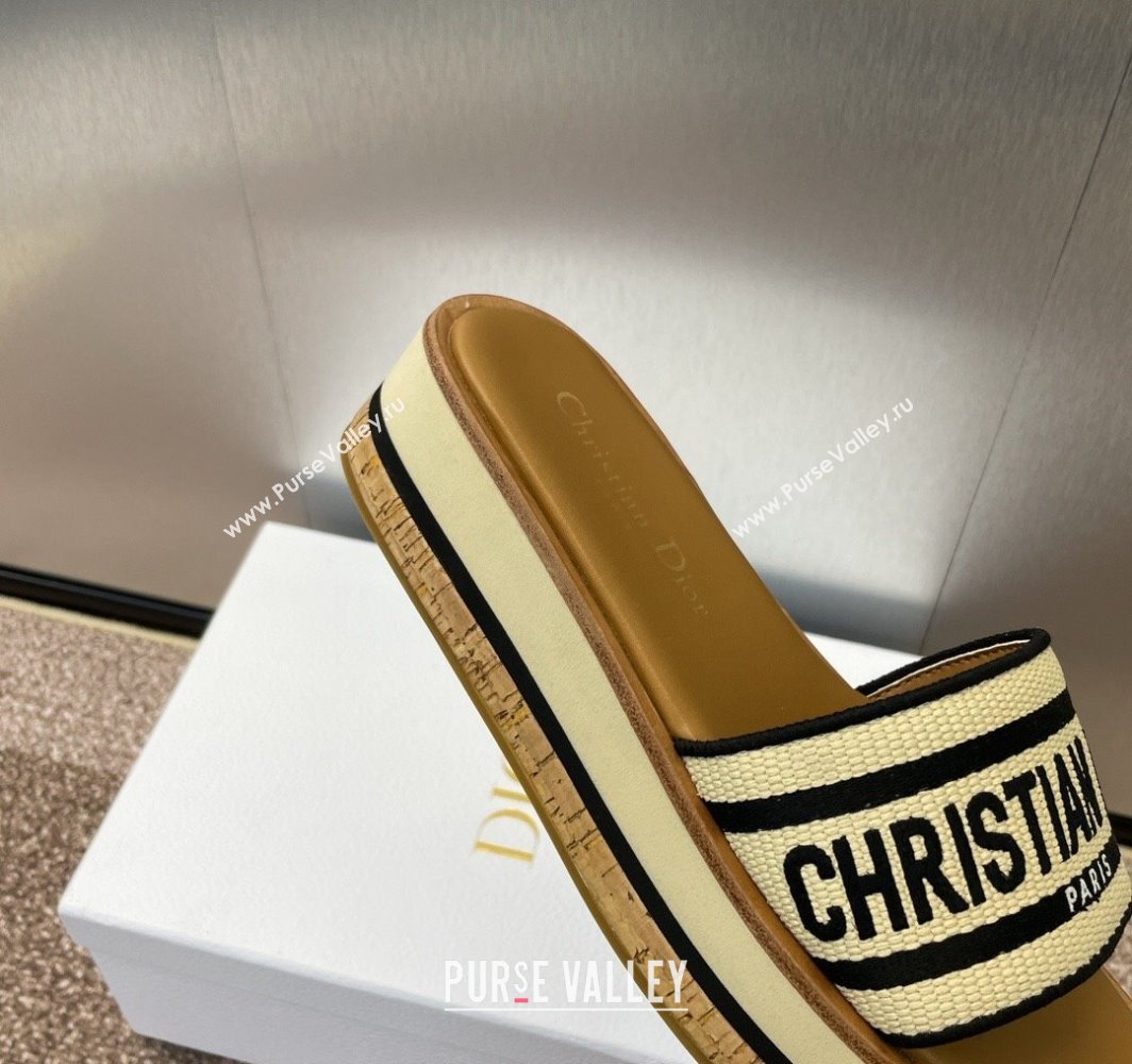 Dior Dway Wood Platform Slides Sandal 4cm in Raffia and Embroidered Cotton Black/Black 2025 (MD-250425076)