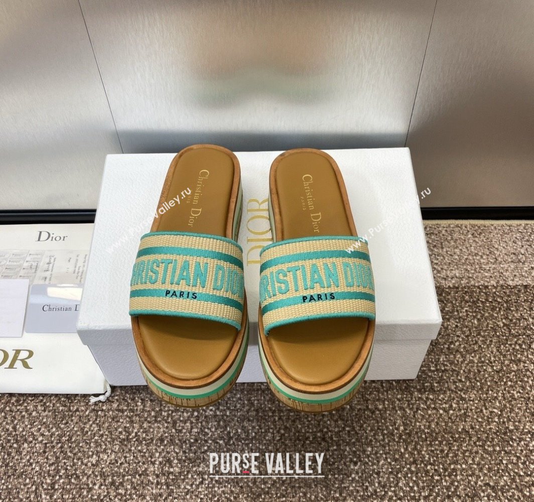 Dior Dway Wood Platform Slides Sandal 4cm in Raffia and Embroidered Cotton Beige/Green 2025 (MD-250425077)