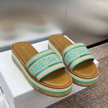 Dior Dway Wood Platform Slides Sandal 4cm in Raffia and Embroidered Cotton Beige/Green 2025 (MD-250425077)