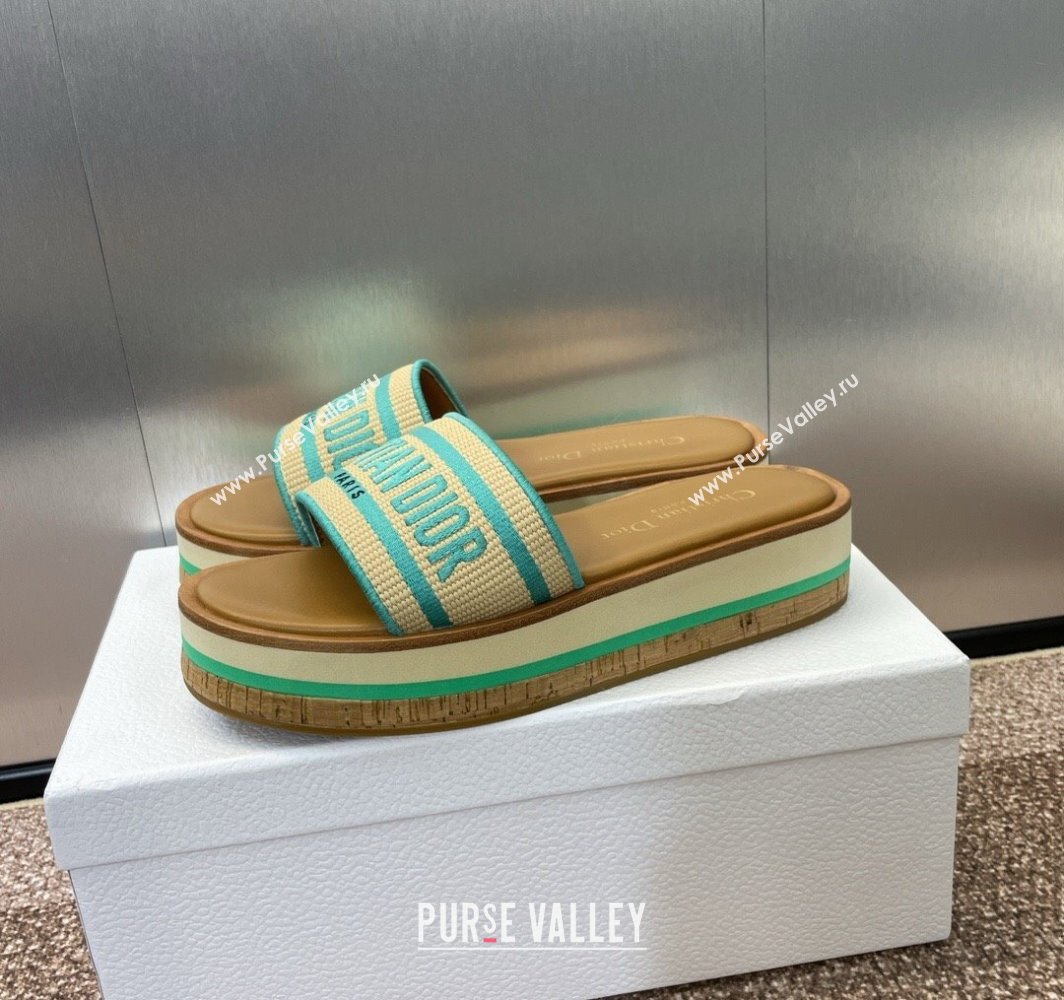 Dior Dway Wood Platform Slides Sandal 4cm in Raffia and Embroidered Cotton Beige/Green 2025 (MD-250425077)