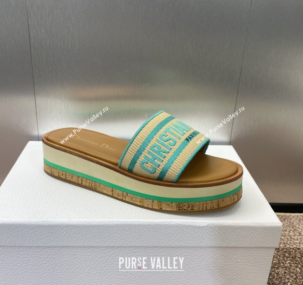 Dior Dway Wood Platform Slides Sandal 4cm in Raffia and Embroidered Cotton Beige/Green 2025 (MD-250425077)